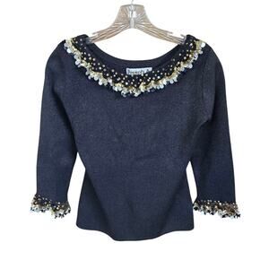 Vintage Joseph Women Sequin Top Size Med Black Silver Gold Scoop Neck Glam